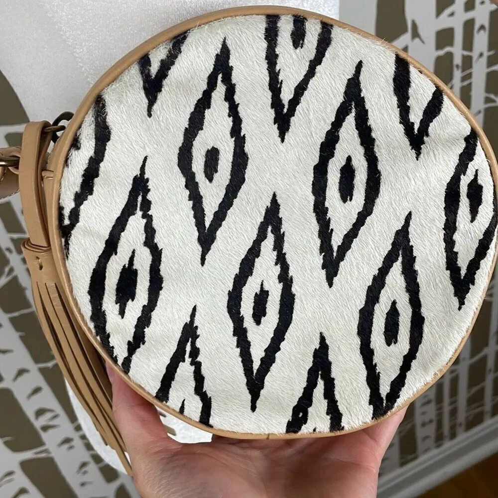 Cynthia Vincent Round Circular Ikat Print Hair Calf Leather Crossbody Bag